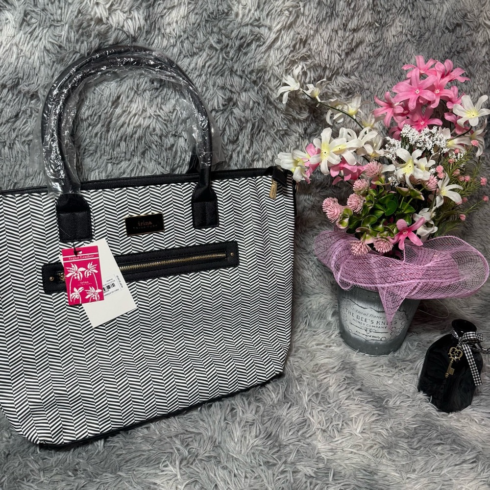 Trina Turk Women Brand Leather Tote—Black/White Chevron—Valentine’s Day Discount